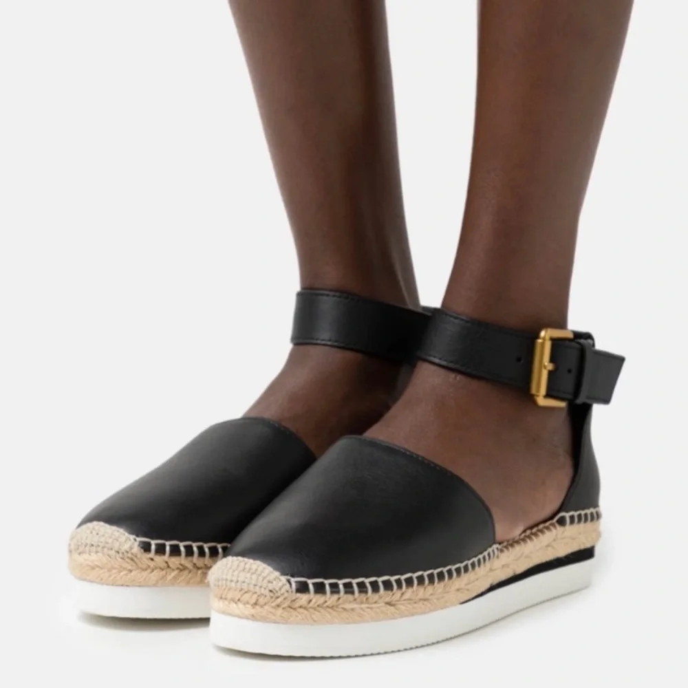 See by Chloe -women’s Glyn Espadrille black leather ankle strap platform shoes 8
